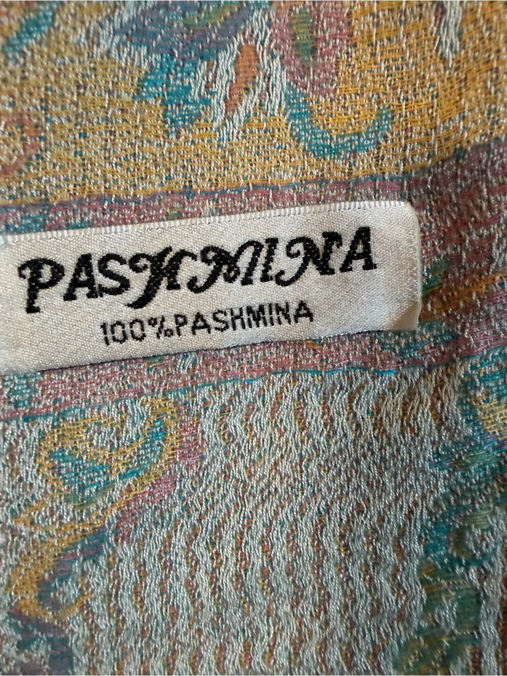 Pashmina Paisley Blue and Gold 100% Cashmere Reversible 050